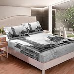 London Bed Sheet Set Famous Big Ben Bedding Sheets for Kids Boys Girls England Street View Of Town Bedding Fitted Sheet Grey Bed Cover with 2 Pillowcases 3Pcs Bedding Double