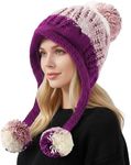 HUAMULAN Women Winter Sherpa Beanie Hats Knit Ear Flaps Peruvian Cover Ears Warm Fleece Lined Ski Snow Hat 3 Pompoms