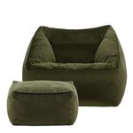 icon Natalia Velvet Bean Bag Chair with Footstool, Olive Green, Large Adult Bean Bag with Filling Included, Accent Chair, Armchair, Living Room Furniture, Bedroom Furniture