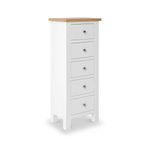 RoselandFurniture Farrow White Tallboy Chest of Drawers for Bedroom Slim 5 Drawer Cabinet Fully Assembled Contemporary Tall Painted Solid Wood Narrow Storage Chest with Oak Top | 115 x 45cm
