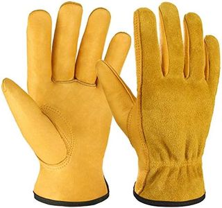 OZERO Leather Work Gloves Flex Grip Tough Cowhide Gardening Gloves for Wood Cutting/Construction/Truck Driving/Garden/Yard Working for Men and Women 1 Pair (Yellow,S)