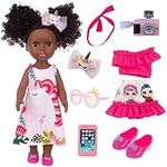 14.5 Inch Black Doll Clothes and Accessories Sets African American Baby Doll Silicone Black Doll with 2sets Clothes Shoes Phone Camera Sunglasses and Headband