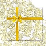 Wedding Wrapping Paper, 7 Sheets Golden Rose Pattern in White Art Paper with 1 Roll Gold Ribbon, 20 x 28 inch Per Sheet Folded Flat Gift Wrap for Weddings, Birthday, Baby Showers, Bridal Showers