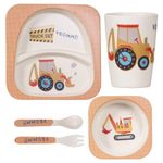 POLKA TOTS Eco Friendly Bamboo Fiber Dinner Set, 5 Pcs Tableware Crockery Set for Weaning Toddler & Self Feeding Baby Utensil Set for Baby Kids (Truck)