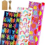 ZCOINS 3 Mini Rolls Birthday Wrapping Paper Colourful Gift Packaging 17" x 10 ft per Roll with 10 Pcs Paper Hang Tags and 1 Roll of 30 Feet Elastic Rope, Recyclable Gift DIY Wrapping Paper for Kids Women Men Birthday Wedding Bridal Baby Showers Christmas Crafts Holidays