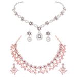 Brado Jewellery Stylish Designed Rose Gold & Silver Polish AD Stone Studded Choker Necklace Jewellery Combo set with Matching Pair of Earrings for Women and Girls (Babypink & Grey)