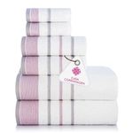 Casa Copenhagen White Bay 600 GSM Egyptian Cotton Towel for Hotel Spa Kitchen Bathroom, Set of 6, 2Bath, 2Hands, 2Washcloths - White with Lavender and Grey Border - A