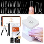 Modelones Gel Nail Kit with Nail Glue and Nail Tips, Gel Nail Extension Kit Mini U V Nail Light and 4 In 1 Nail Glue Gel with 500Pcs Coffin Nails Tips, Nail Prep Dehydrate Acrylic Nail Kit Easy to DIY Nail Art Tools