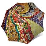 Colorful Rain Umbrella with Hook Handle Klimt Design - Extra Large Abstract Art Umbrella Wind-resistant - Stick Designer Umbrella for Men and Women