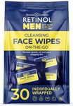 Retinol Mens Individually Wrapped wipes, travel essentials for Work, Gym & On the Go - Large Wet Wipes for face + body, Fresh and clean, with micellar water & Vitamin A-C-E - 30 single facial wipes