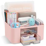 RISEMART Desk Organiser with 2 Drawers, Desk Tidy Organiser with Pen Holder, Large Capacity Desktop Organizer Stationery Storage Box for School Office Home Makeup Desk Supplies (Pink)