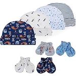 Lictin Newborn Baby Cotton Caps Mittens - 100% Cotton 4pcs Baby Cotton Caps Hats and 4 Pairs Baby Scratch Mittens Gloves for Baby Boy(0-6 Months) (Blue)