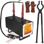 Propane Forge Double Burner, 2300°F /1300 ℃ Gas Blacksmithing Forge Large Capacity Forge, Square Propane Burner Forge with V-Bit Tongs & Leather Welding Gloves for Farrier, Knife and Tool Making