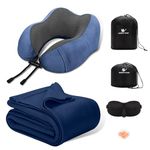 urnexttour Travel Pillow and Blanket Set for Traveling, Memory Foam Neck Pillow and Soft Blanket Compact, Airplane Travel Essentials Adult with Sleep Eye Mask Earplugs Storage Bag for Plane Car, Navy