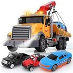 wakeInsa 15" Big Tow Truck Toy Set,Include Racing Car,Off-Road Car,Pickup Truck,Traffic Signs,Toy Truck with Hook,Sound and Lights for Boys & Girls Birthday