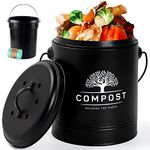 Perfnique Kitchen Compost Bin, 1.3 Gallon Countertop Compost Bin with Lid, Indoor Compost Bucket Includes Inner Bucket Liner and Carbon Filter, Small Compost Bin（Black with Bags）