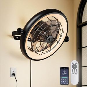 Wall Mount Fan with Remote/App Control, 16" Quiet Wall Mounted Fan with Light, 3 Color Dimmable, 6 Speed, 1/2H Timer, 360° Adjustable Tilt Plug in Ceiling Fan for Garage, Home, Greenhouse, Patio
