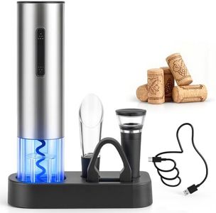 BONACHEF Electric Wine Opener Set Rechargeable Wine Corkscrew with Foil Cutter, Wine Aerator Pourer, Vacuum Wine Stopper and Storage Base, 5-in-1 Wine Gift Set White Elephant Gifts for Adults, Silver
