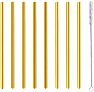 Short Cocktail Straws, Metal Stainless Steel Reusable Straw Small Mini Coffee Stir Straws for Cocktails Party Accessories Glasses Mason Jar Tumbler Juice Tea Mojito Drinks with Brush, Gold 8 Pcs