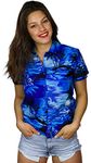 King Kameha Funky Hawaiian Blouse Hawaiian Shirt Women's Short Sleeve Front Pocket Hawaiian Print Flamingos, Surf mono blue, XL