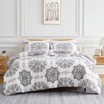 Southshore Fine Living, Inc. Oversized King Sized Comforter Bedding Set, Down Alternative Boho Bedspread, Paisley Floral Print Comforter, California/King with 2 Matching Shams, Grey on White