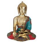 Artvarko Brass Buddha Statue Buddhism Life Sign Earth Sun & Moon Touching Sitting Sculpture Bhumisparsha Vastu Feng Shui Idol Home Decor (Multicolor Gemstone Handwork)