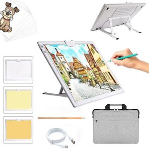 TOHETO A3 Rechargeable Light Pad with Case, 2500mha Battery Powered Light Board with Stand and Top Magnetic Clip 3 Colors Stepless Dimmable 6 Levels Brightness Light Box for Diamond Painting (White)