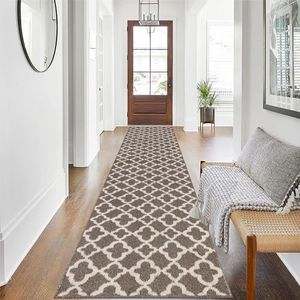 U'Artlines Extra Long Runner Rug for Hallway 2.6×12feet Non Slip Kitchen Floor Carpet Runners Brown Geometric Pattern Machine Washable Area Rug for Entryway Bathroom