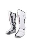 MAUZER Muay Thai MMA Shin Guards with Instep Foot Protection High Density EVA Padding Adjustable Velcro Straps Synthetic Leather Kickboxing Guards (White and Black, Large/X-Large)