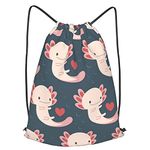 TumzfhQ Drawstring Backpack Sports Gym Bag for Men Women Teens Large Size, Axolotls Hearts and Bubbles (2) Drawstring Strap Pack, Medium