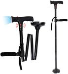 Adjustable Folding Walking Sticks for Men Women Senior Elderly with SOS Alarm & LED Light, Foldable Walking Cane & Easy Carry, with Double Grip Handles, 360° Rotatable Non-slip Rubber Base