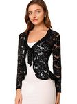 Allegra K Shrug Top for Women's Tie Front Ruffled Hem Floral Lace Sheer Crop Cardigan, Black, Large