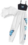 SOLY HUX Girl's Butterfly Print Cami Tops & High Low Hem Short Sleeve T Shirt with Sweatpants 3 Piece Blue Butterflies A 12Y