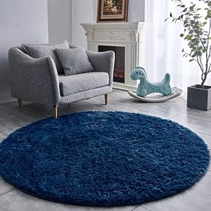 FJZFING Navy Blue Round Rug Ultra-Soft Plush Modern 6x6 Circle Area Rug for Kid's Bedroom, Fluffy Shag Circular Rug for Nursery Room, Non-Slip Home Decor Cute Navy Blue Carpet for Teen's Room