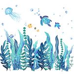 5 Sheets 3D Under The Sea Seaweed Wall Decals Sea Turtles Wall Stickers Ocean Grass Jellyfish Fish Removable Vinyl Wall Sticker for Bedroom Bathroom Living Room Wall(Classic Style)