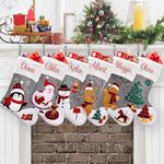 CARAKNOTS Personalized Christmas Stockings 1 Pack Large Grey Custom Christmas Stockings with Names Penguin Snowman GingerBread Burlap Monogram Christmas Stocking for Kids Family Faux Fur Xmas Stocking