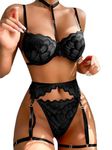 popiv Womens Sexy Lingerie Set Push Up Lace Garter Belt Bra and Panty Set with Choker Black