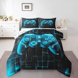 Manfei Video Games Kids Comforter Set Full Size, Black Blue Grid Gaming Down Comforter, Modern Gamer Bedding Set for Boys Teens Bedroom Decor, Reversible Gamepad Duvet Insert, 2 Pillowcases