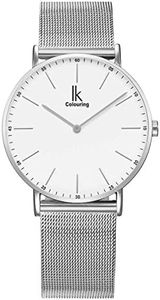 Alienwork IK Reloj Hombre Mujer Plata Banda de Malla Metálica Blanco Ultra-Delgada