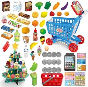RedCrab Carrito de Compra para Niños con Caja Registradora y Estante de Árbol de Navidad, 84Pcs Juego de Accesorios de Cocina Tienda, Juguetes Educativo de Regalo Adecuado para Niños 3+ Años(Azul)