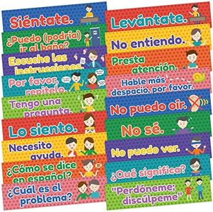 Quarterhouse Spanish Classroom Phrases and Commands Label Set, Spanish - ESL Classroom Learning Materials for K-12 Students and Teachers, Set of 18, 12x3", Extra Durable