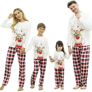 Kouric Pijamas Navidad Familia,Pijama Familiar a Juego con Estampado de Renos,Pijama Navidad Familia Top Blanco y Pantalón de Cuadros Rojos,Blancos y Negros,Pijama Navidad Mujer/Hombre/Niña/Niño