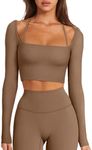 LASLULU Womens Long Sleeve Tops Halter Neck Tight Athletic Workout Gym Shirts Seamless Ribbed Tops Compression Shirts Crop Tops for Teens(Brown X-Large)