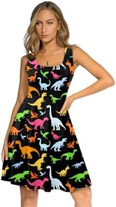 Fanient Womens Dress Cartoon Dinosaur Print Midi Dress Summer Casual Sleeveless Sundress Plus Size XXXL
