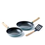 GreenPan Mayflower Healthy Ceramic Non-Stick 3-Piece Frying Pan Skillet Set 20 cm & 24 cm, Including Slotted turner, Vintage Wood Handle, PFAS-Free, Induction, Smoky Blue