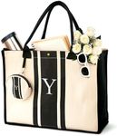 LEAFICO Initial Canvas Tote Bag - Embroidered Letter Gift Bag, Cotton Rush Bag, Monogrammed Women’s Handbag Make Up Pouch