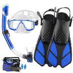 HH HHAO SPORT Adult Snorkel Set with Fins, Travel Size Snorkel Equipment with Short Adjustable Flippers, Diving Mask and Dry Top Snorkel with Carry Bag