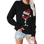 Fuyxxmer Womens Christmas Sweatshirt Red Wine Glass Santa Hat Graphic Sweater Long Sleeve Xmas Gift Pullover Blouse Tops