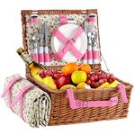 HYBDAMAI Wicker Picnic Basket for 4 with Waterproof Picnic Blanket and Insulated Cooler, Willow Hamper for Camping, Outdoors, Photoshoot, or a Birthday, Valentine’s Day, Wedding Gift, Pink