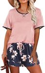 Ekouaer Women Pajama Set Casual Short Set Pink and Blue Flower Medium